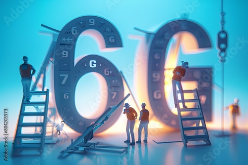 3D illustration of the word  6G  with workers building it against a white-blue gradient background in a minimalist style using simple lines and shapes with white space around the objects.