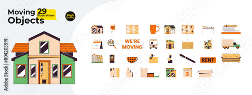 Renting moving in 2D linear cartoon objects bundle. Calendar tear off, house hunting, boxes isolated line vector items white background. Unpacking new home color flat spot illustration collection