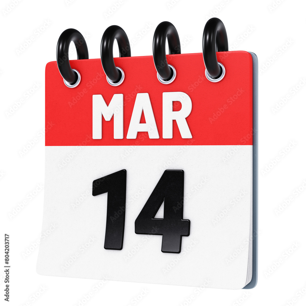 March 14 date displayed on stylized three-dimensional flip calendar icon isolated on transparent background. 3D rendering March 14 date displayed on stylized three-dimensional flip calendar icon isolated on transparent background. 3D rendering