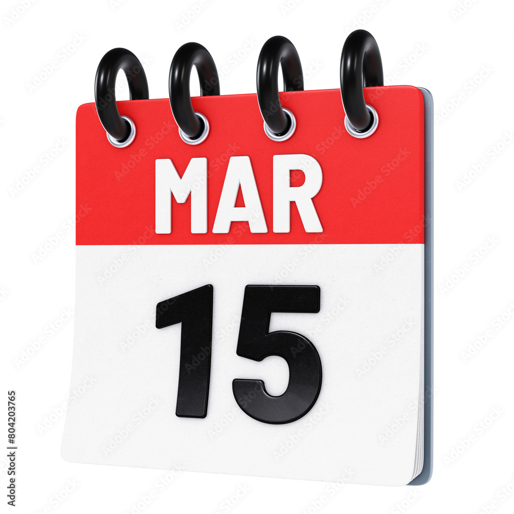 March 15 date displayed on stylized three-dimensional flip calendar icon isolated on transparent background. 3D rendering March 15 date displayed on stylized three-dimensional flip calendar icon isolated on transparent background. 3D rendering