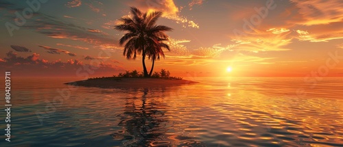 an small island with palm tree, sunset, summer time photo