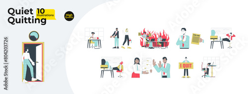Quiet quitting line cartoon flat illustration bundle. Diverse gen z employees refusing overwork 2D lineart characters isolated on white background. Work life balance vector color image collection