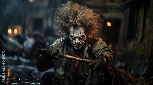 Sinister Clown with Hammer in Rain-Drenched Streets: An Eerie Horror Scene