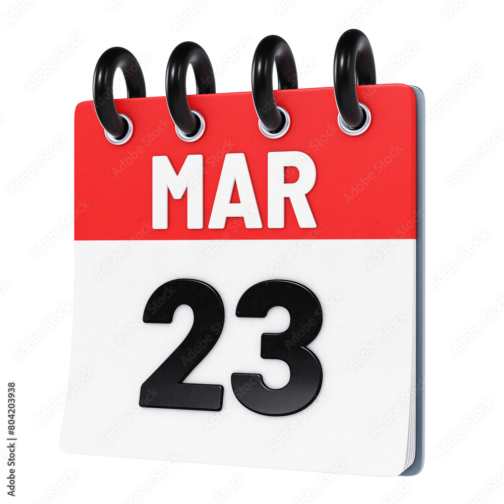March 23 date displayed on stylized three-dimensional flip calendar icon isolated on transparent background. 3D rendering March 23 date displayed on stylized three-dimensional flip calendar icon isolated on transparent background. 3D rendering