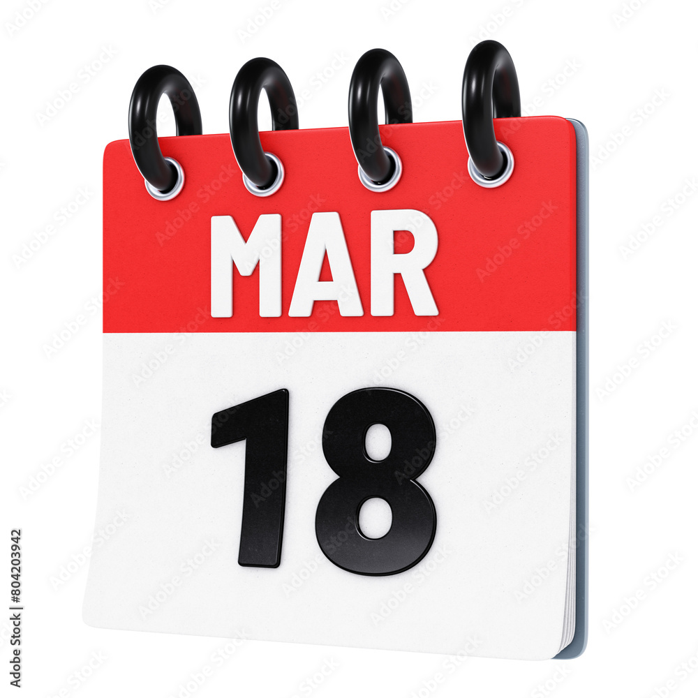 March 18 date displayed on stylized three-dimensional flip calendar icon isolated on transparent background. 3D rendering March 18 date displayed on stylized three-dimensional flip calendar icon isolated on transparent background. 3D rendering