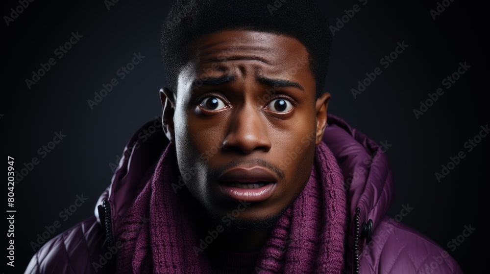 Young Black Man in Purple Jacket Looking Shocked and Scared on Dark Background Young Black Man in Purple Jacket Looking Shocked and Scared on Dark Background