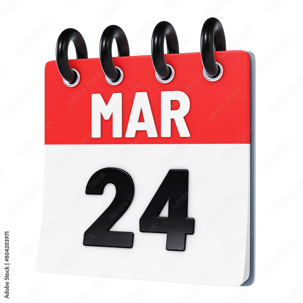 March 24 date displayed on stylized three-dimensional flip calendar icon isolated on transparent background. 3D rendering March 24 date displayed on stylized three-dimensional flip calendar icon isolated on transparent background. 3D rendering