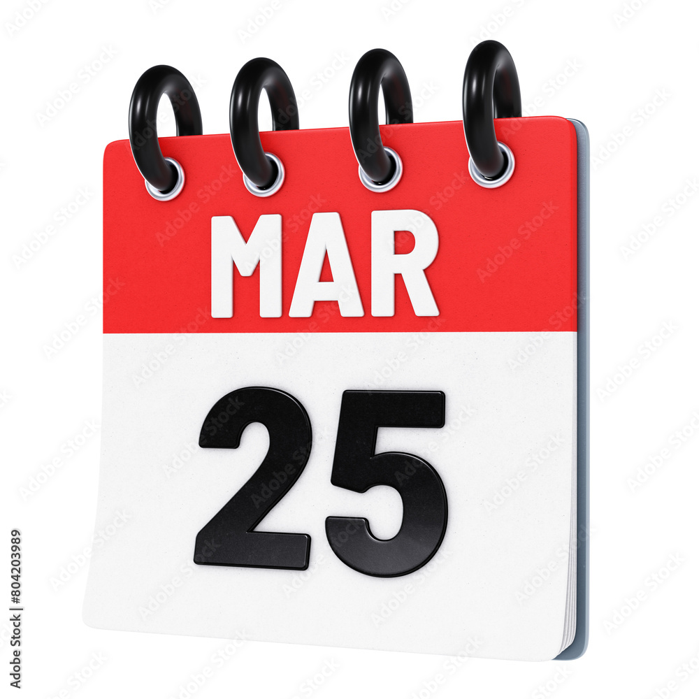March 25 date displayed on stylized three-dimensional flip calendar icon isolated on transparent background. 3D rendering March 25 date displayed on stylized three-dimensional flip calendar icon isolated on transparent background. 3D rendering