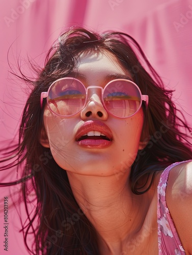 beauty photo, portrait, asian woman, pink background, sunglasses, summer, happy 
