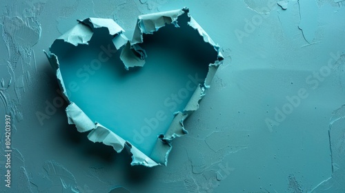 Blue paper heart. Torn hole in blue paper in the shape of a heart. photo