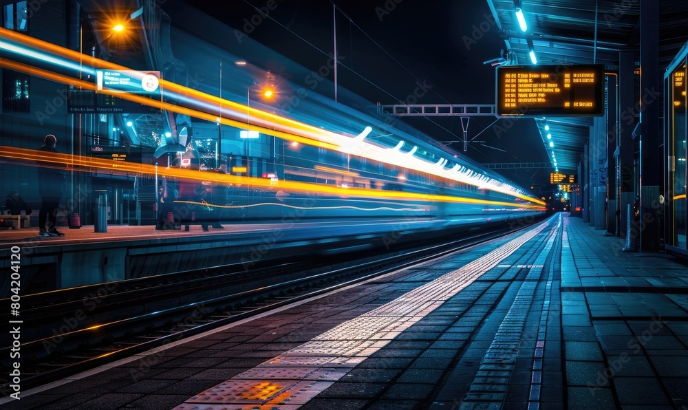 A fast train passing through a station forming light trails from long exposure photography. Night time photography