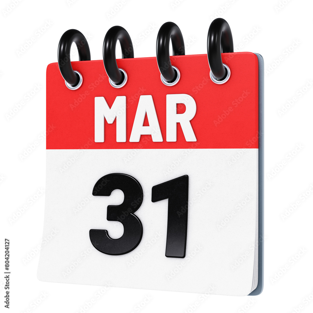 March 31 date displayed on stylized three-dimensional flip calendar icon isolated on transparent background. 3D rendering March 31 date displayed on stylized three-dimensional flip calendar icon isolated on transparent background. 3D rendering