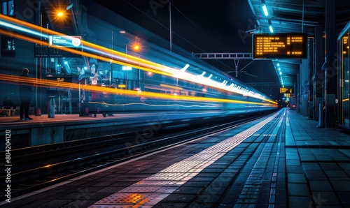 A fast train passing through a station forming light trails from long exposure photography. Night time photography