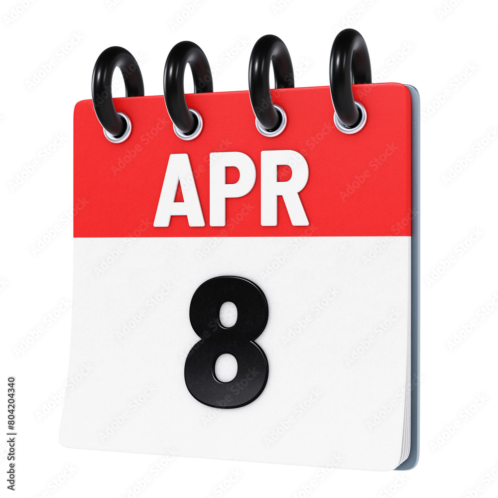 April 8 date displayed on stylized three-dimensional flip calendar icon isolated on transparent background. 3D rendering April 8 date displayed on stylized three-dimensional flip calendar icon isolated on transparent background. 3D rendering