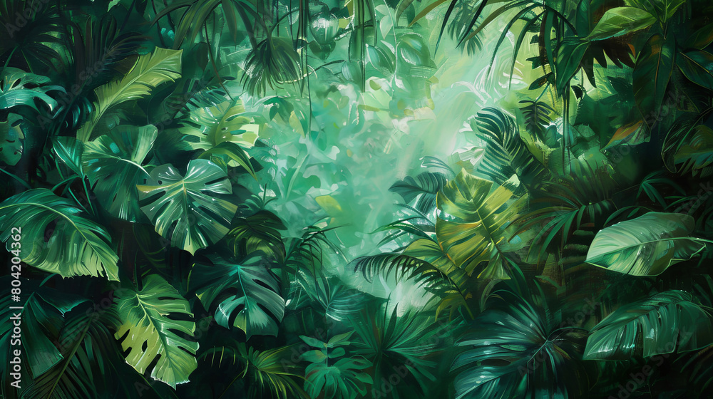 Lush rainforest leaves in deep green shades, with a hint of light filtering through, creating a mysterious backdrop Lush rainforest leaves in deep green shades, with a hint of light filtering through, creating a mysterious backdrop