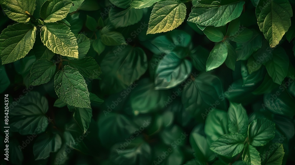 Overlapping leaves creating a dense green canopy, with a slight blur for depth and a forestlike atmosphere