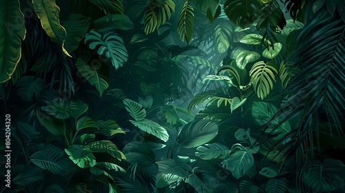 Lush rainforest leaves in deep green shades, with a hint of light filtering through, creating a mysterious backdrop