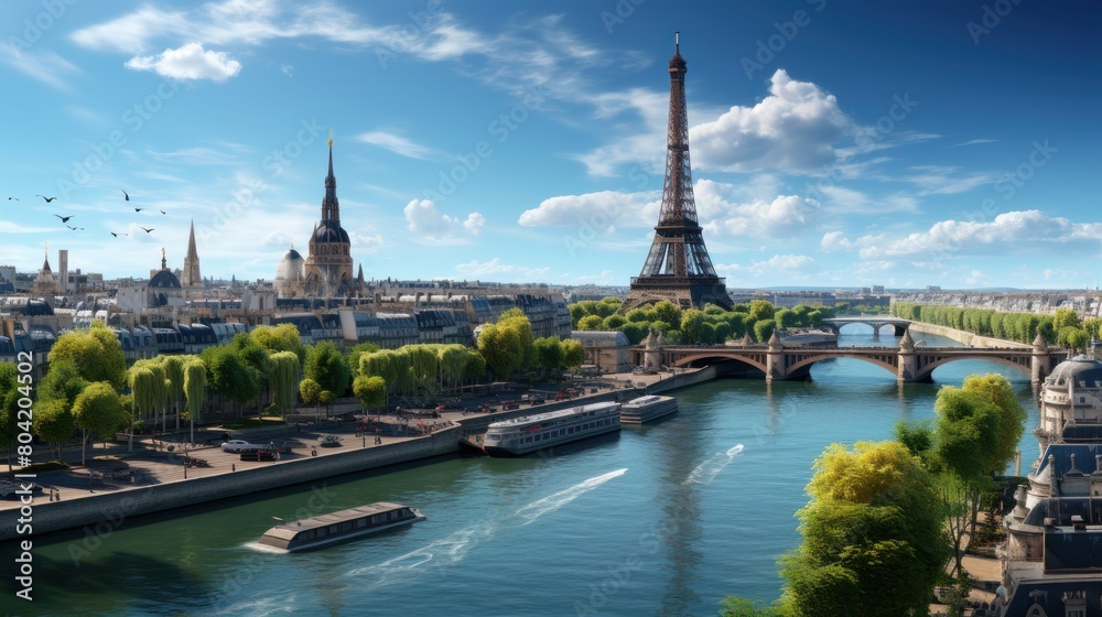 Stunning Panoramic View of Paris Featuring the Eiffel Tower and Seine River on a Clear Sunny Day