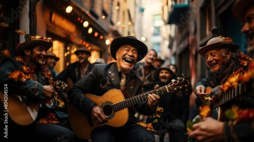 Joyful Mexican Mariachi Band Performing on a Busy City Street, Musicians Laughing and Playing Guitars