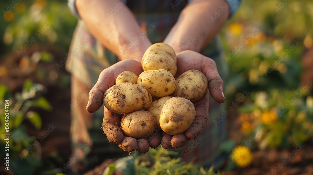Farmer holds freshly picked potatoes in the field. Harvesting organic vegetables. Agriculture and farming. Selective focus. Farmer holds freshly picked potatoes in the field. Harvesting organic vegetables. Agriculture and farming. Selective focus.