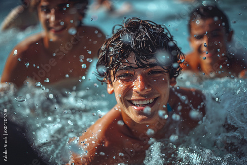 A young boy smiling in the water, friends splashing in the pool, summer fun © Dennis