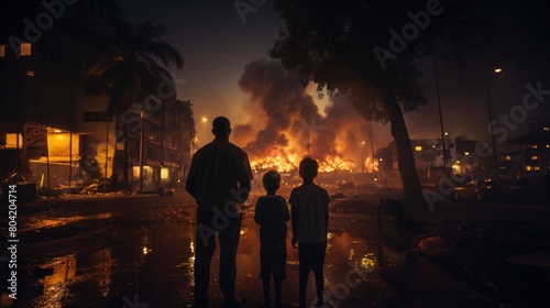 Dramatic Scene of an African Father and Children Watching a Fiery Nighttime Catastrophe photo