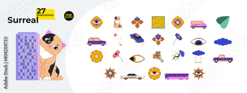 Surreal boho 2D linear cartoon objects bundle. Eye, cat, cloud, vehicle car isolated line vector items white background. Psychedelic flowers eyeballs color flat spot illustration collection