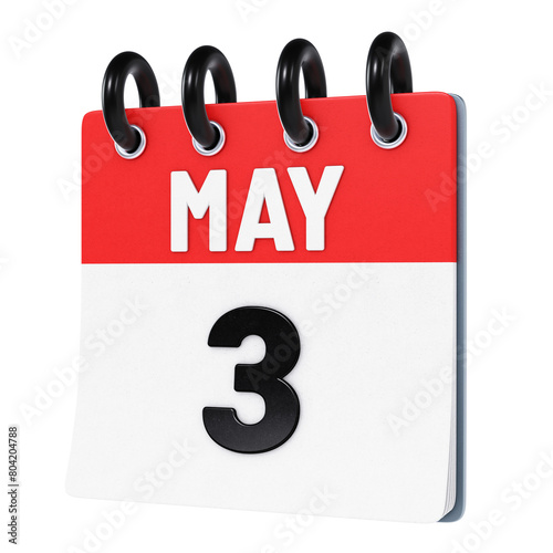 May 3 date displayed on stylized three-dimensional flip calendar icon isolated on transparent background. 3D rendering