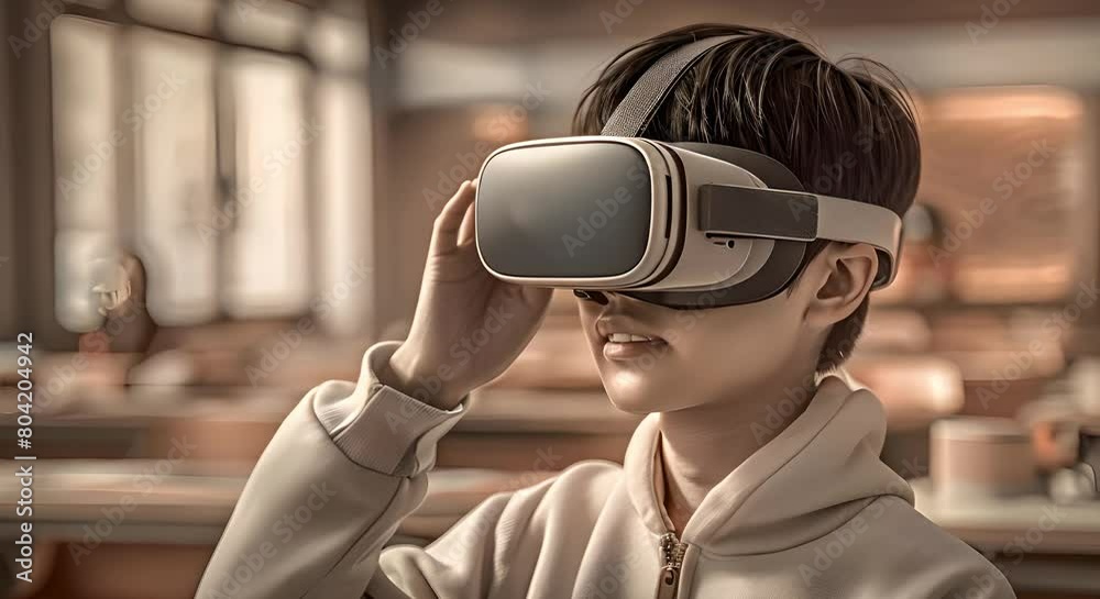 Student using VR headset for immersive learning experience in futuristic classroom setting . Concept Virtual Reality, Immersive Learning, Future Classroom, Student Technology, Educational Technology Student using VR headset for immersive learning experience in futuristic classroom setting . Concept Virtual Reality, Immersive Learning, Future Classroom, Student Technology, Educational Technology
