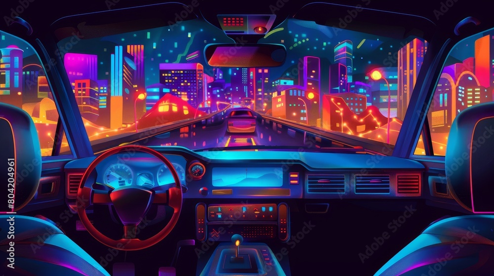 Cockpit interior view modern illustration of a car driving through a city at night with neon lights. Empty unmanned vehicle navigation. Exterior view of an empty car traveling through a city at