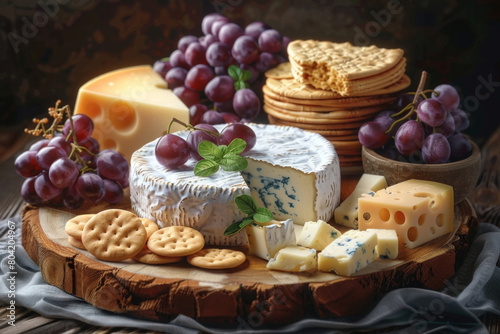  Cheese board for Jewish holiday Shavuot, for Harvest. Variety of cheeses, grapes, biscuits on wooden background.