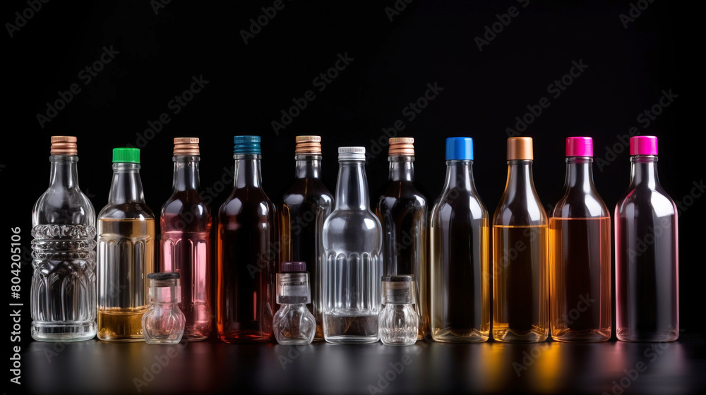 Bottles with different alcohol in a row, black background. AI generated. Bottles with different alcohol in a row, black background. AI generated.