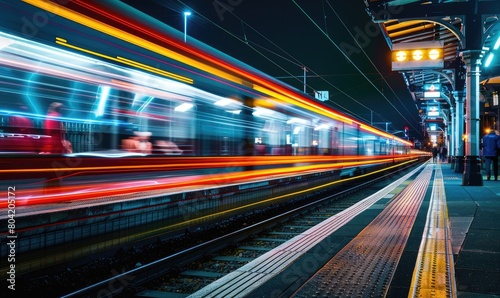 A fast train passing through a station forming light trails from long exposure photography. Night time photography