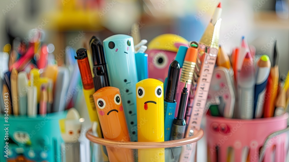 closeup cute illustration, stationary, pens and a ruler, all have faces ...