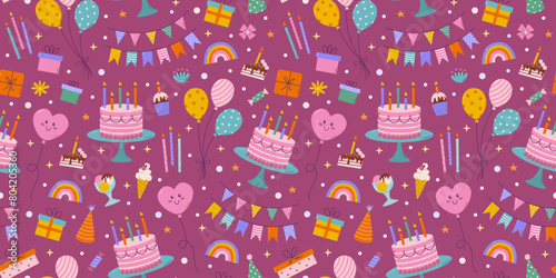 Birthday vector seamless pattern. Different party objects, colorful holiday items, gift, cake, balloon and garlands