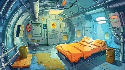 Cartoon bunker room on underground base. Nuclear shelter interior on submarine with closed door. Safe military capsule in basement with lockers, double bed, water, and canister storage. photo