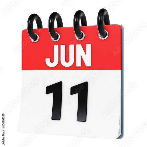 June 11 date displayed on stylized three-dimensional flip calendar icon isolated on transparent background. 3D rendering