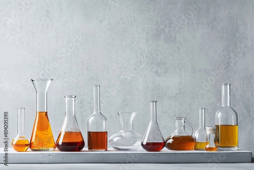 different solvents in chemical glassware on a gray background photo