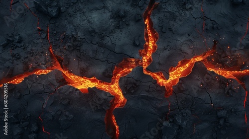 An orange burn element on hell floor surface with a cracked volcano lava texture. Broken earth with magma glow isolated on a dark background.