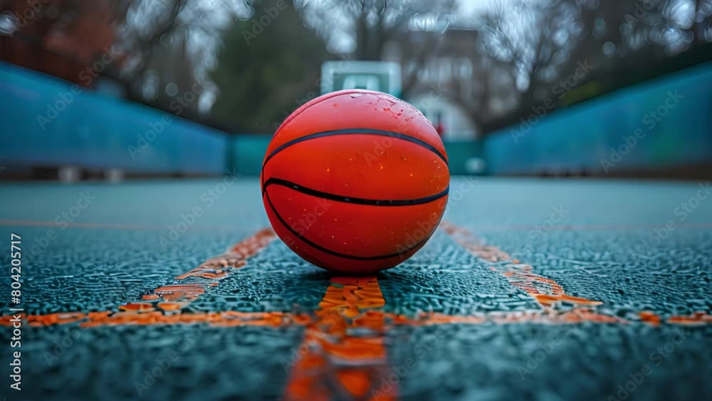 This basketball ball positioned on top of a basketball court surface.