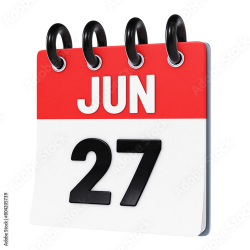 June 27 date displayed on stylized three-dimensional flip calendar icon isolated on transparent background. 3D rendering