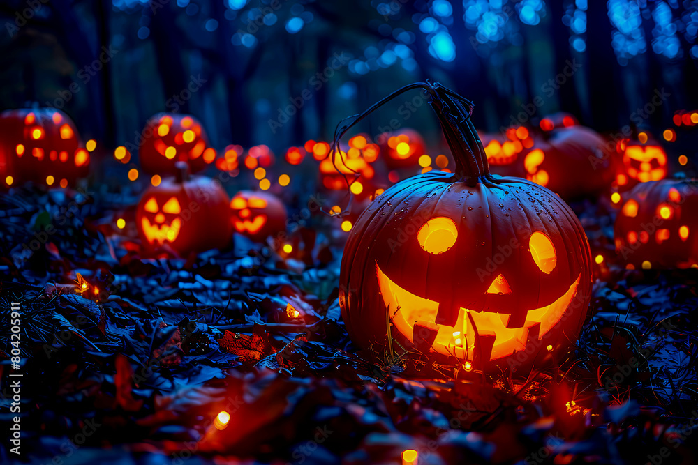 3D pumpkin patch in the dark for a Halloween-themed scene