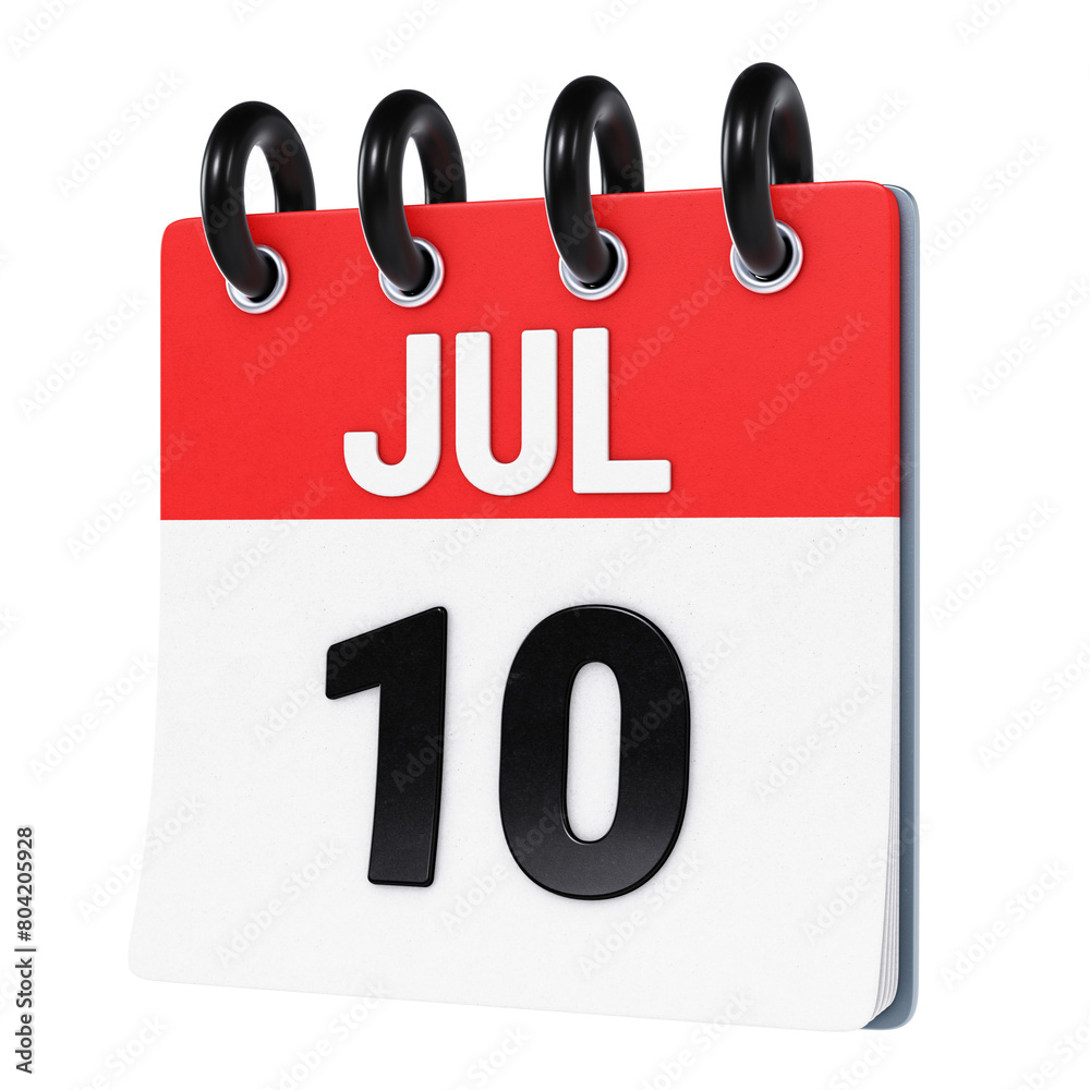 July 10 date displayed on stylized three-dimensional flip calendar icon isolated on transparent background. 3D rendering July 10 date displayed on stylized three-dimensional flip calendar icon isolated on transparent background. 3D rendering
