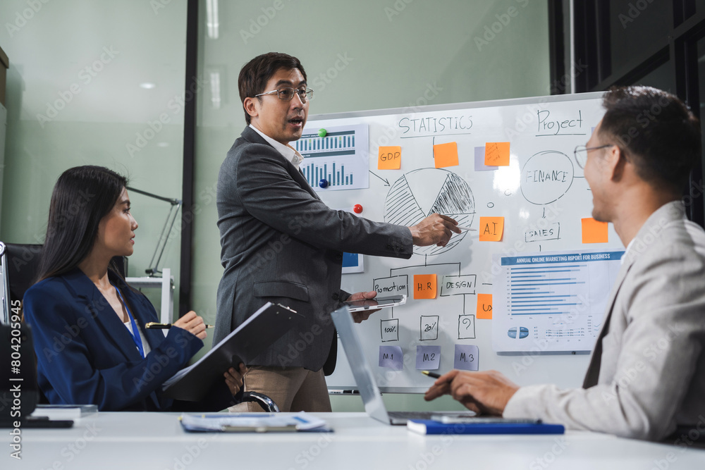 Business team working on a project in the office or reviewing and discussing a business project. Business team working on a project in the office or reviewing and discussing a business project.