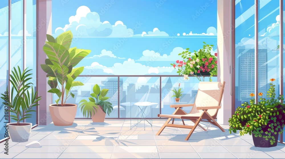 Empty terrace interior with glass fence, railing, potted plants and a chair. Modern illustration of a house or flat balcony with gardens, furniture, and a city view.