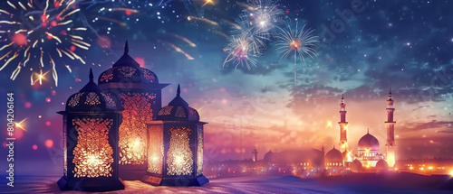 Warm glow of intricate lanterns in the foreground, with a mosque and fireworks adorning the dusk sky, capturing the spirit of an oriental celebration.