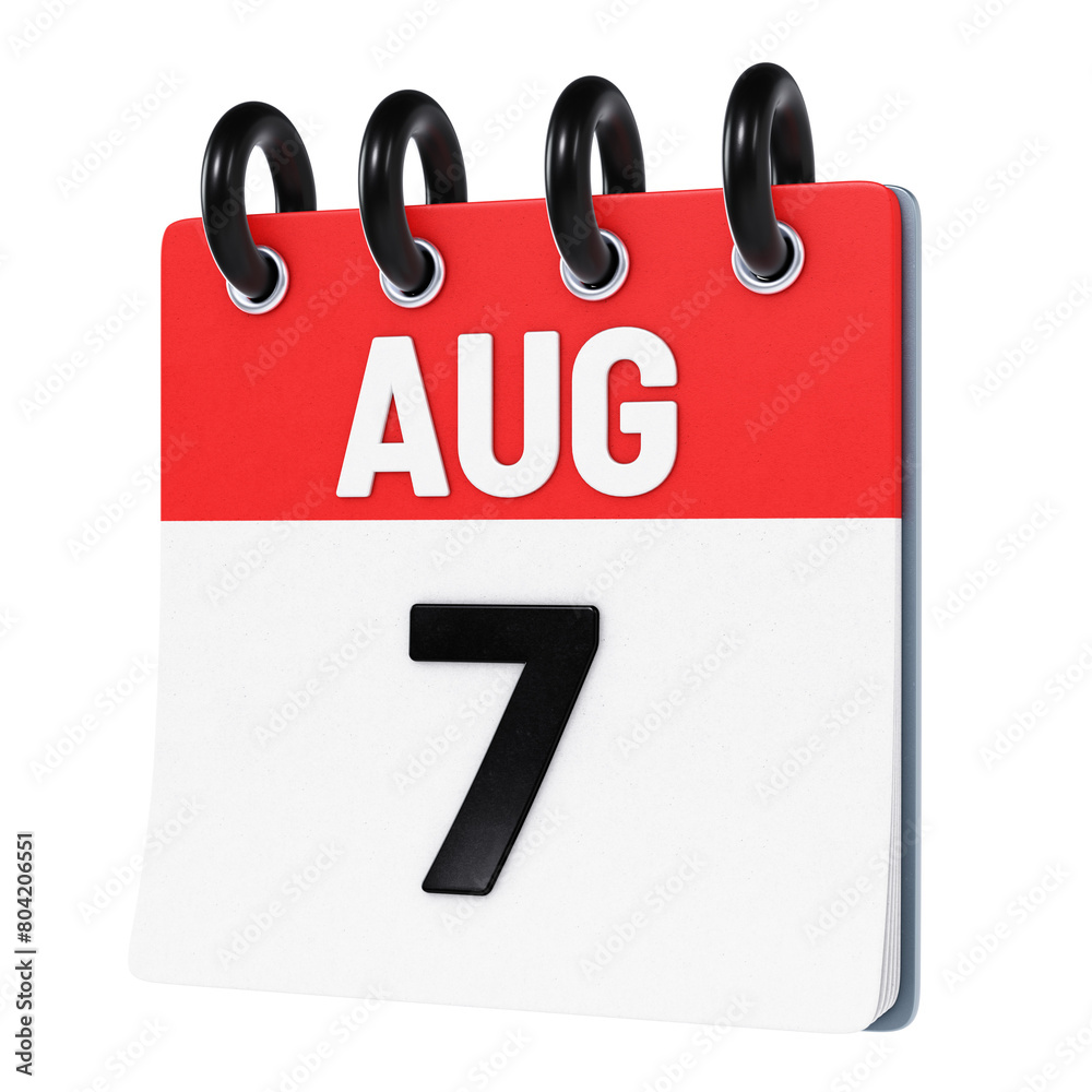 August 7 date displayed on stylized three-dimensional flip calendar icon isolated on transparent background. 3D rendering August 7 date displayed on stylized three-dimensional flip calendar icon isolated on transparent background. 3D rendering