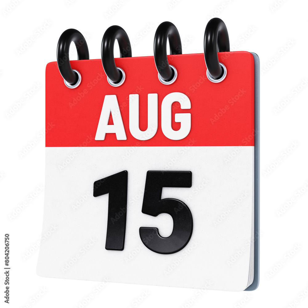 August 15 date displayed on stylized three-dimensional flip calendar icon isolated on transparent background. 3D rendering August 15 date displayed on stylized three-dimensional flip calendar icon isolated on transparent background. 3D rendering
