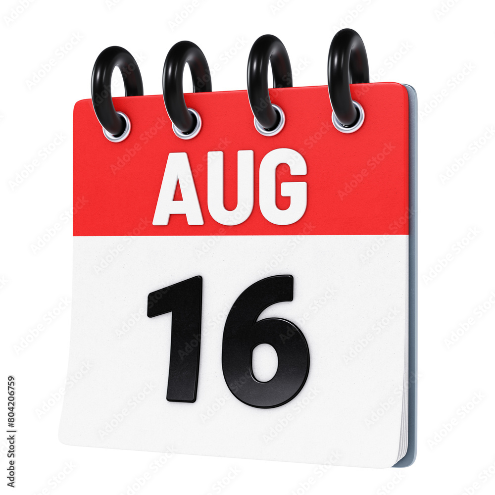 August 16 date displayed on stylized three-dimensional flip calendar icon isolated on transparent background. 3D rendering August 16 date displayed on stylized three-dimensional flip calendar icon isolated on transparent background. 3D rendering