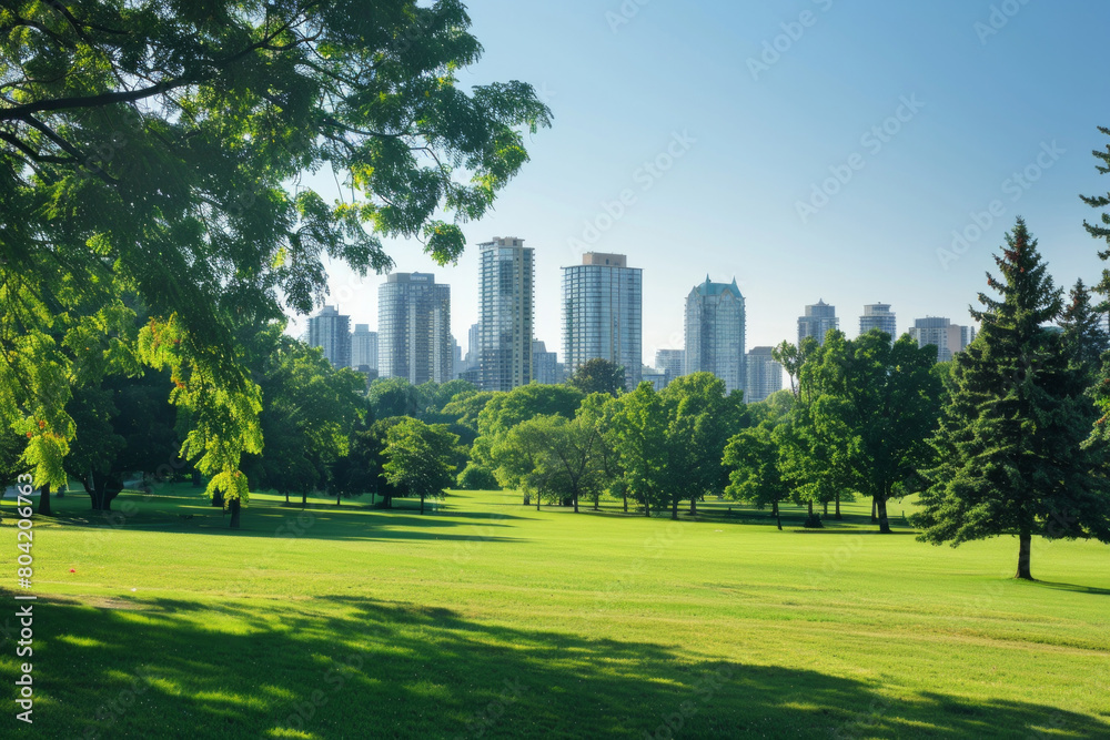 A metropolitan park with a city skyline in the background A metropolitan park with a city skyline in the background